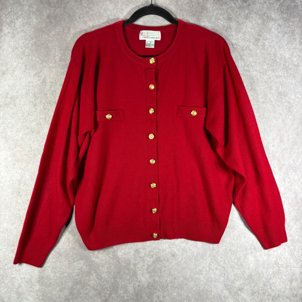 Vintage Milano Design Group Cardigan Women XL Red Gold Button Knit Classic Retro